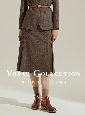 Vesas Collection仿羊毛工装感腰带咖色半身裙S0761