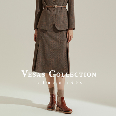 Vesas Collection仿羊毛工装感腰带咖色半身裙S0761