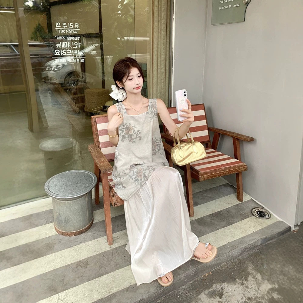 法式缎面印花拼接背心连