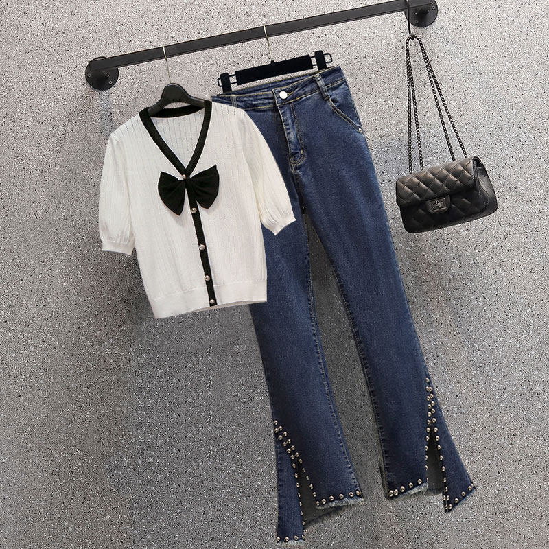 2022 새로운 여름 한국 스타일 패션 다목적 중공 스웨터 탑 슬리밍 다목적 청바지 투피스 세트