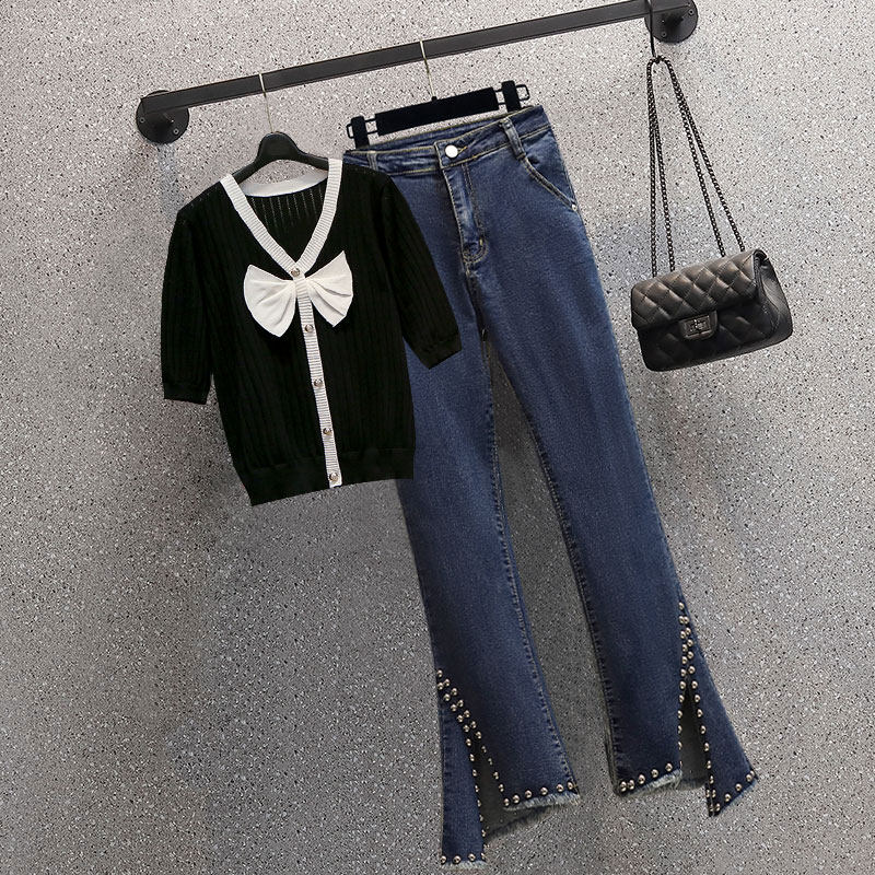 2022 새로운 여름 한국 스타일 패션 다목적 중공 스웨터 탑 슬리밍 다목적 청바지 투피스 세트