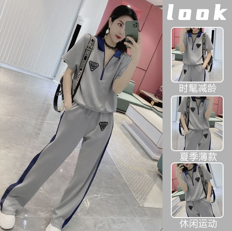 여성용 캐주얼 스포츠 슈트 여름 얇고 패셔너블하고 트렌디하며 연령을 줄여주는 반팔 스트레이트 와이드 팬츠 투피스 세트