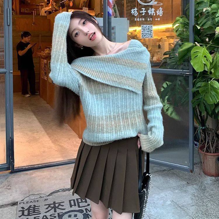 一字肩针织打底衫女秋冬