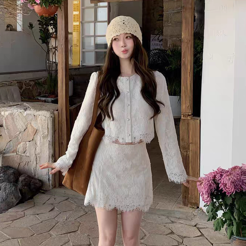 Huangzuozuo佐佐家小个子镂空外套+半身裙蕾丝两件套春夏季女套装