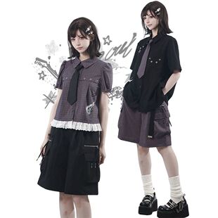 【港口乐队】紫黑衬衫+特别工装中裤夏日清凉垂感甜酷双子两件套
