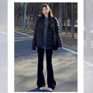 复古小个子150马蹄黑色 高腰长裤 修身 显瘦春秋弹力直筒145微喇叭裤