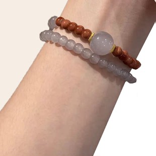 中式国风烟紫灰双圈串珠叠戴手链新白蝶贝串珠手链精致手工串珠