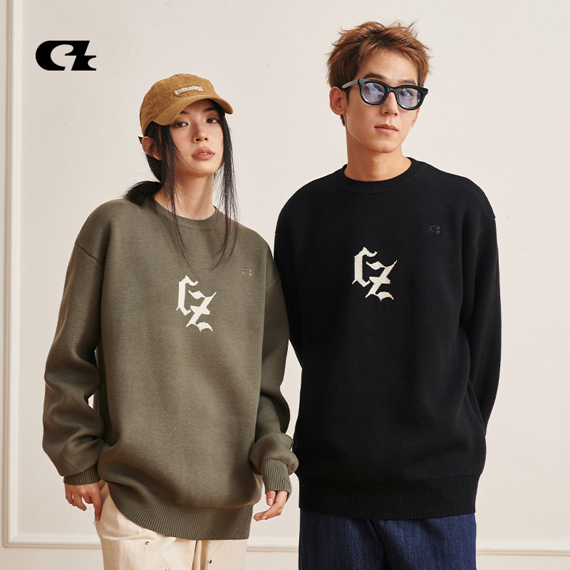 CIZA冬季毛衣男女青少年情侣线衣美式复古潮牌加厚圆领打底针织衫