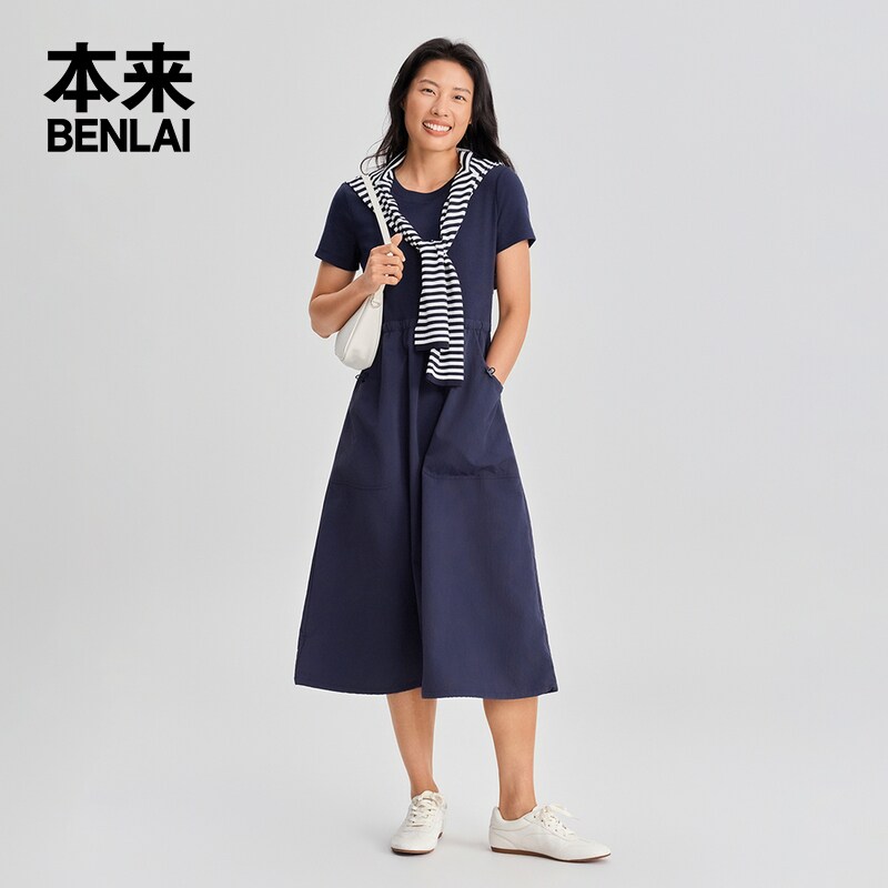 本来BENLAI女士短袖拼接连衣裙修身收腰裙子2026夏新款BNM760006图片