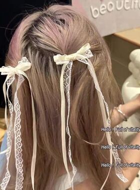 芭蕾少女纯欲白色蕾丝蝴蝶结飘带发夹双马尾丝带发卡头饰鸭嘴夹子