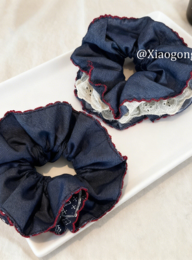 韩系深蓝色红边双层大肠发圈女高级感扎头发绳丸子头绳低马尾发饰