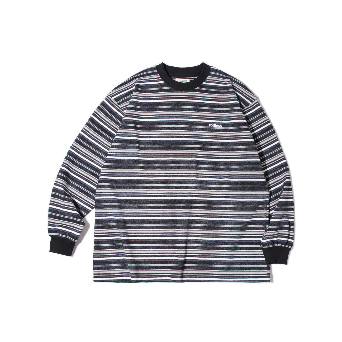 rodless重磅洗水做旧320g刺绣条纹长袖T恤宽松秋季百搭国潮情侣款
