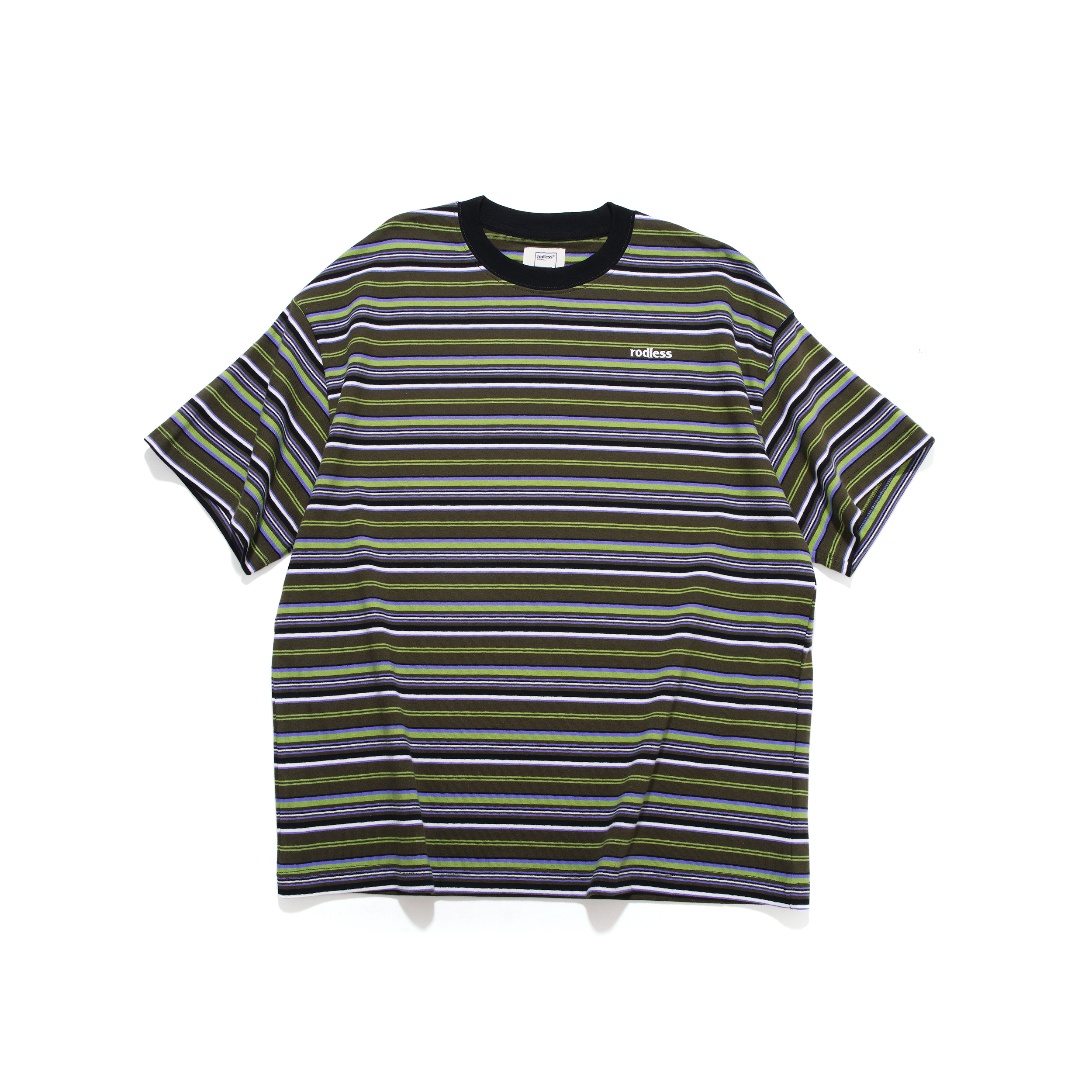 rodless 25夏季宽松305g重磅条纹短袖T恤刺绣百搭国潮牌情侣上衣