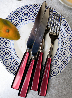 法国Sabre Paris偶像樱桃红复古高级不锈钢西餐牛排刀叉勺子套装