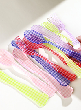 进口Sabre Paris甜心亚克力格子法式餐具可爱家用勺子叉子套装ins