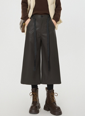 大码咖色PU皮裤七分阔腿裤女秋冬高腰直筒小个子八分中裤宽松靴裤