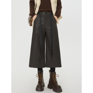 咖色PU皮裤 宽松靴裤 七分阔腿裤 高腰直筒小个子八分中裤 女春季 大码