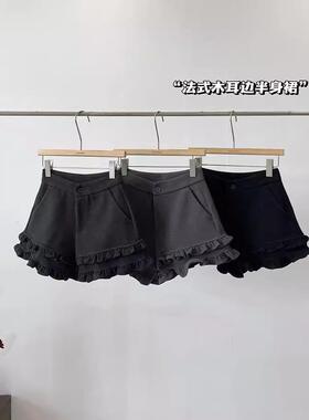 荷叶边高腰灰色呢子休闲短裤子女2025秋季大码韩版百搭a字短靴裤