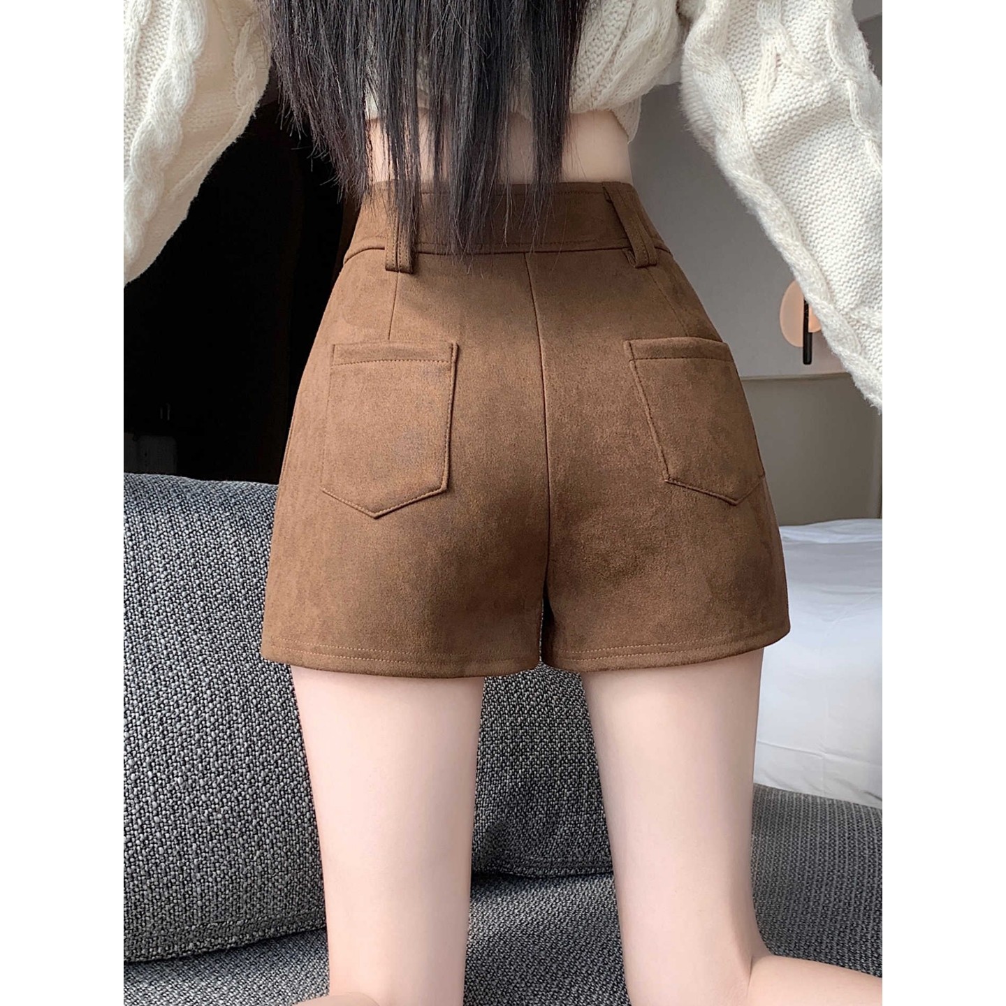 美拉德咖色复古鹿皮绒短裤女靴裤