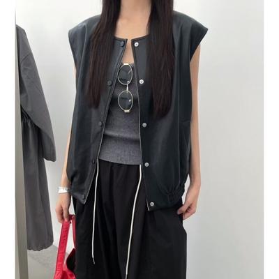 棕咖色麂皮马甲外套女马夹背心