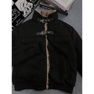 美式痞帅皮毛一体立领短款外套女微胖mm冬季加厚保暖棉衣黑色夹克