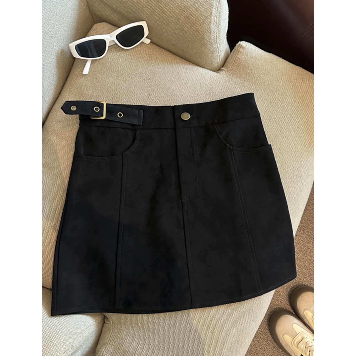 高腰a字包臀配长靴日单棕色短裙