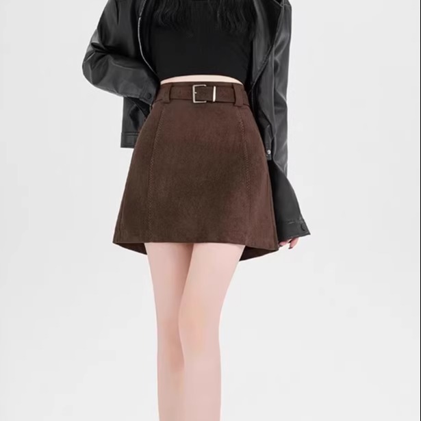 复古棕色鹿皮绒半身裙女包臀皮裙