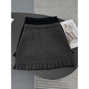 大码设计感木耳边灰色毛呢半身裙女冬季新款加厚高腰包臀黑色短裙