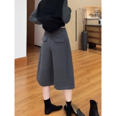 微胖mm灰色毛呢七分裤女阔腿靴裤
