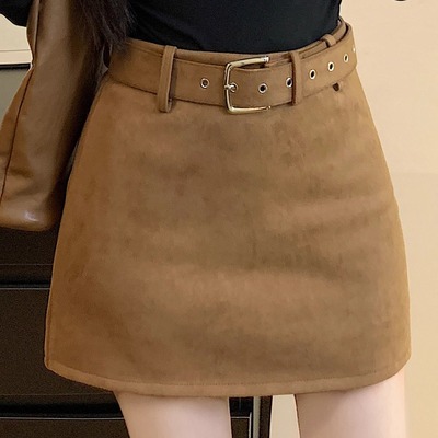 大码麂皮短裙高腰咖啡色半身裙女