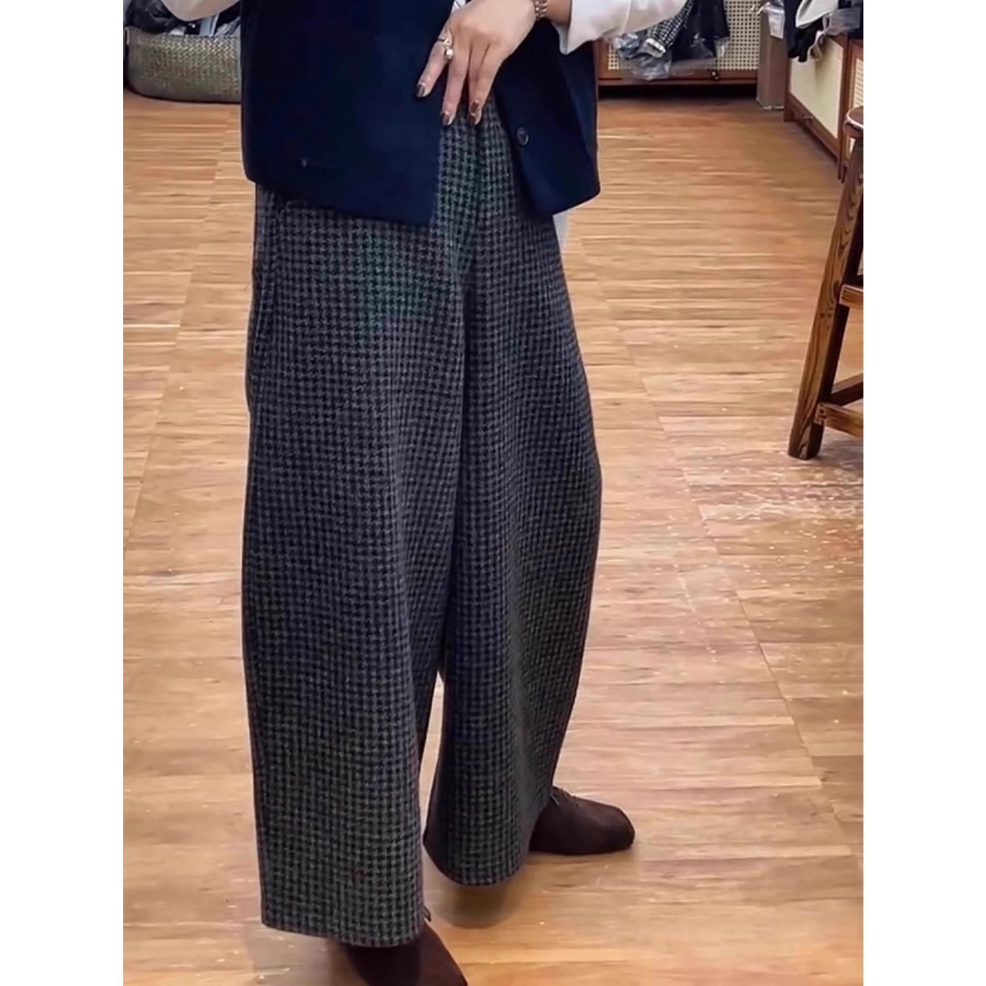 韩系格子毛呢休闲裤女冬新款大码