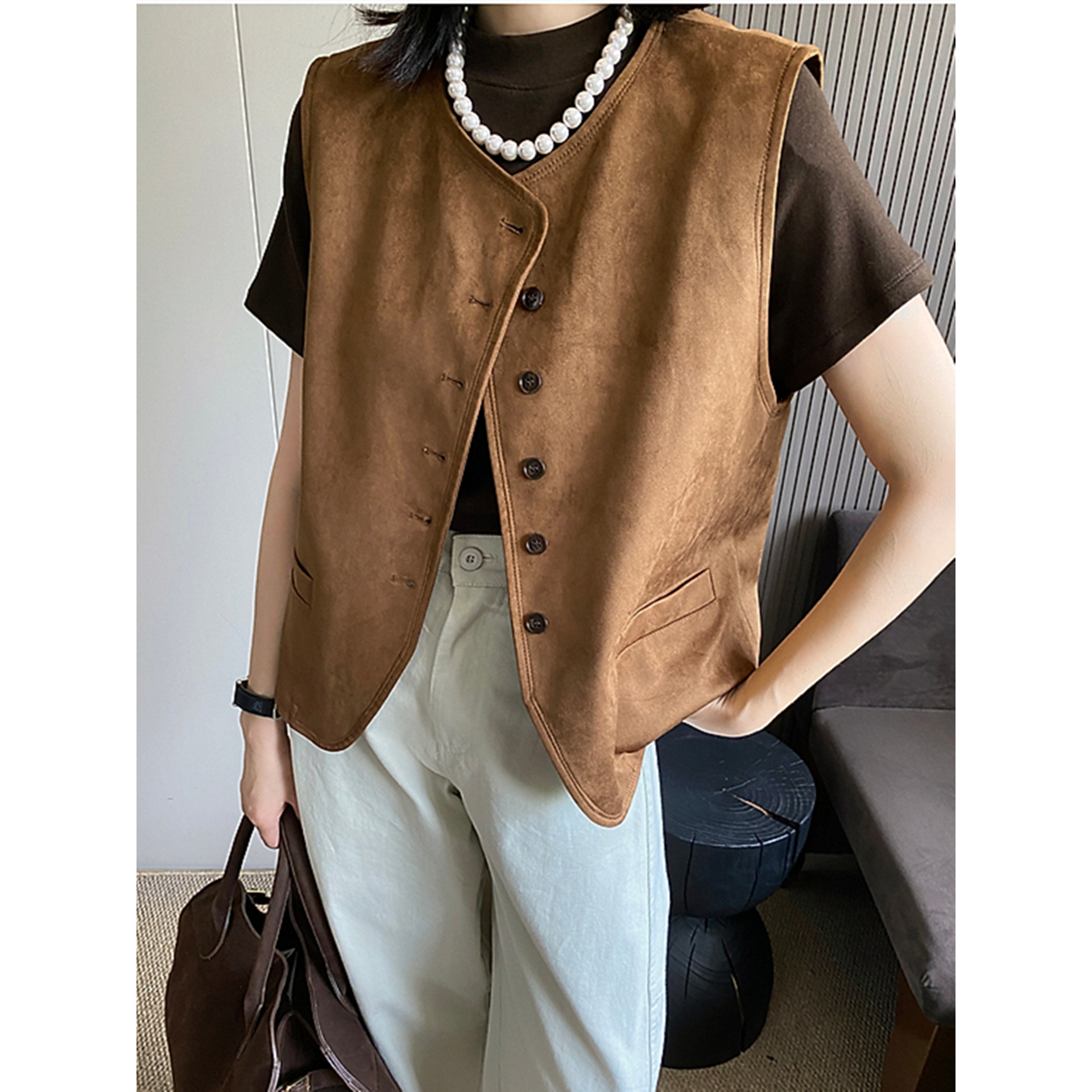 大码胖mm棕色呢子马甲麂皮绒背心