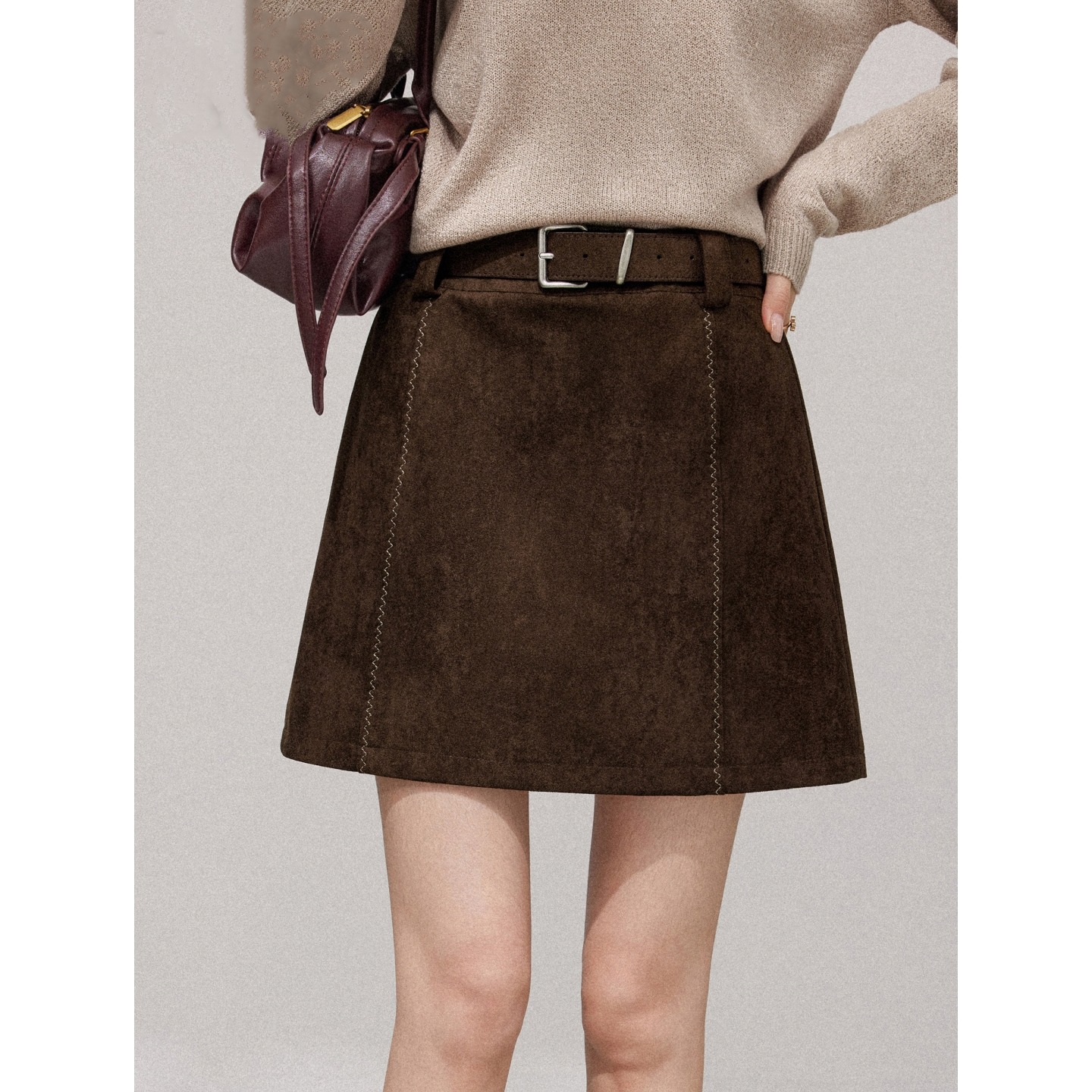 大码胖mm鹿皮绒咖色a字半身裙女