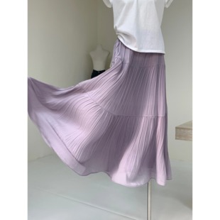 韩货雨雾紫藤温柔压褶半身裙女秋季大码设计感宽松大裙摆a字长裙