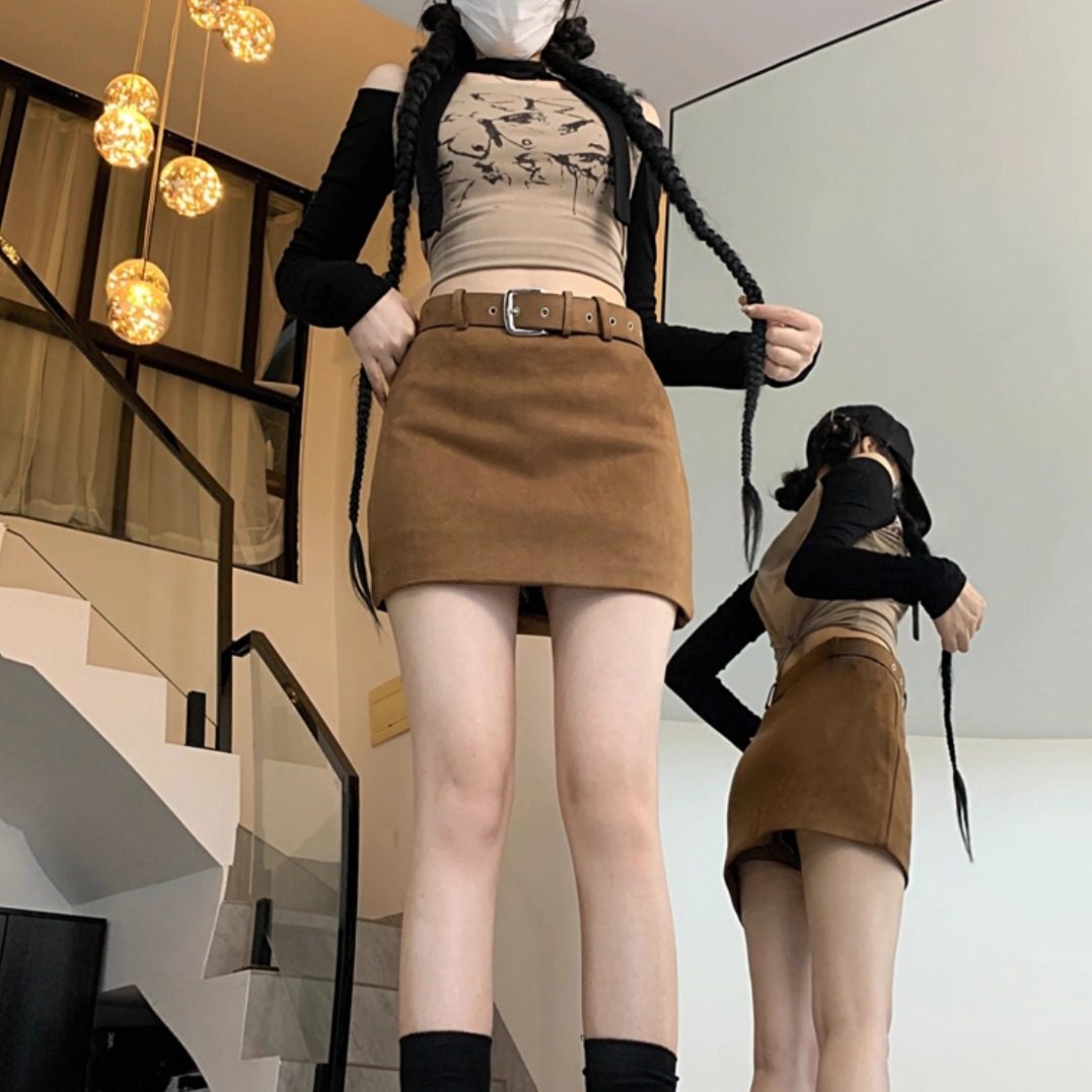 大码秋季新款美式麂皮绒半身裙女