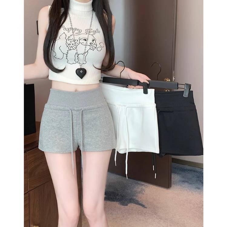 2025韩版辣妹风新款松紧腰抽绳休闲裤女装夏季低腰直筒裤短裤热裤