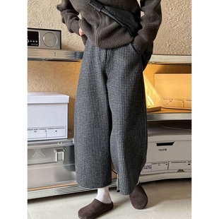 胖mm复古格子九分毛呢阔腿裤女秋冬梨型身材宽松显瘦奶奶裤弯刀裤