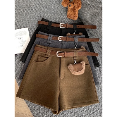 美拉德咖色毛呢短裤女秋冬高腰