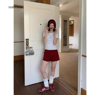 大码 胖mm红色休闲超短裤 女夏季 辣妹高腰显瘦百搭运动风小个子热裤