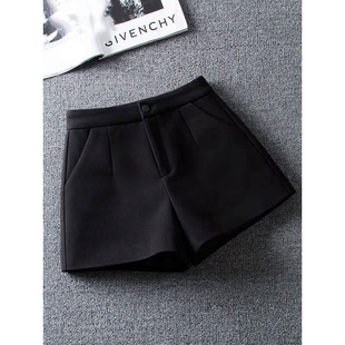 a字阔腿百搭显瘦呢子靴裤 高腰爆款 女秋冬新款 胖妹妹黑色毛呢短裤