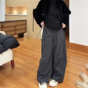 大码毛呢格子弯刀裤女2026新款加厚小个子阔腿裤子今年流行梧桐裤
