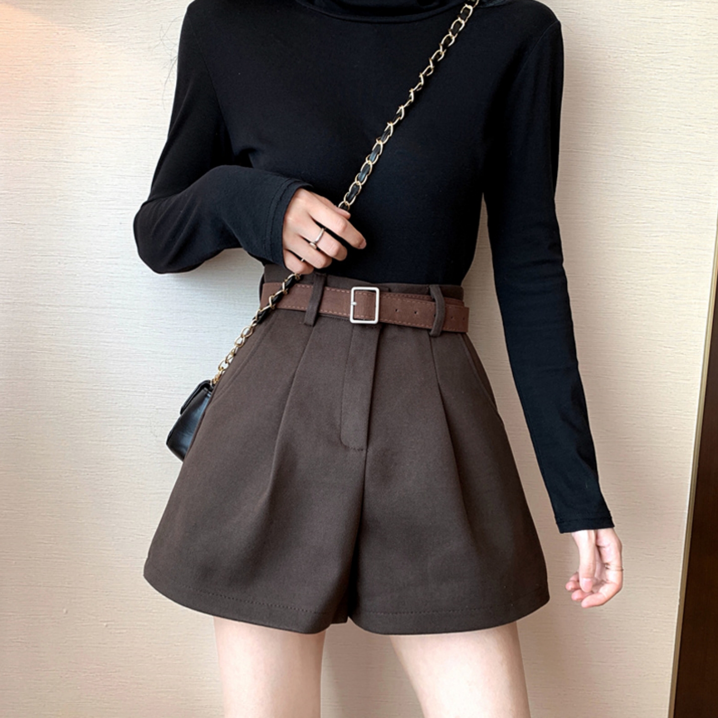 微胖mm棕色毛呢短裤女呢子阔腿裤