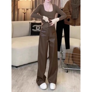 女春季 直筒裤 2026新款 子高腰显瘦窄版 小个子裤 高级感咖色休闲皮裤