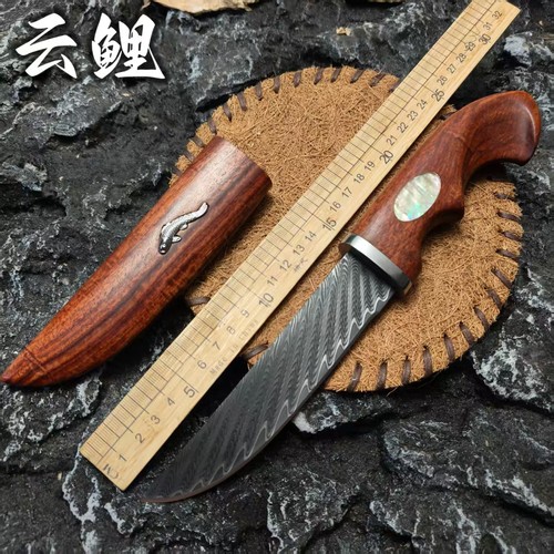 大马士革钢户外露营登山小直刀高硬度锋利多功能防身生存求生小刀