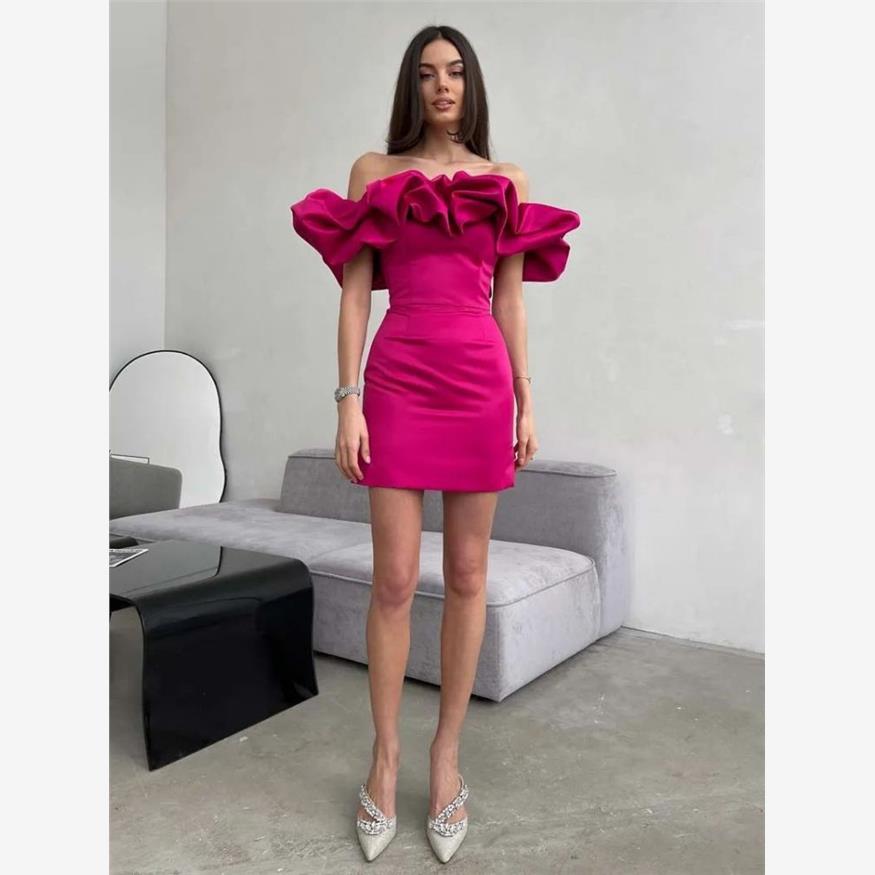 sexy party dress 女粉色性感一字肩荷叶边生日派对小礼服连衣裙