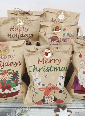 24Set Christmas Gift Bag Kraft Paper Bags Santa Claus Snowma