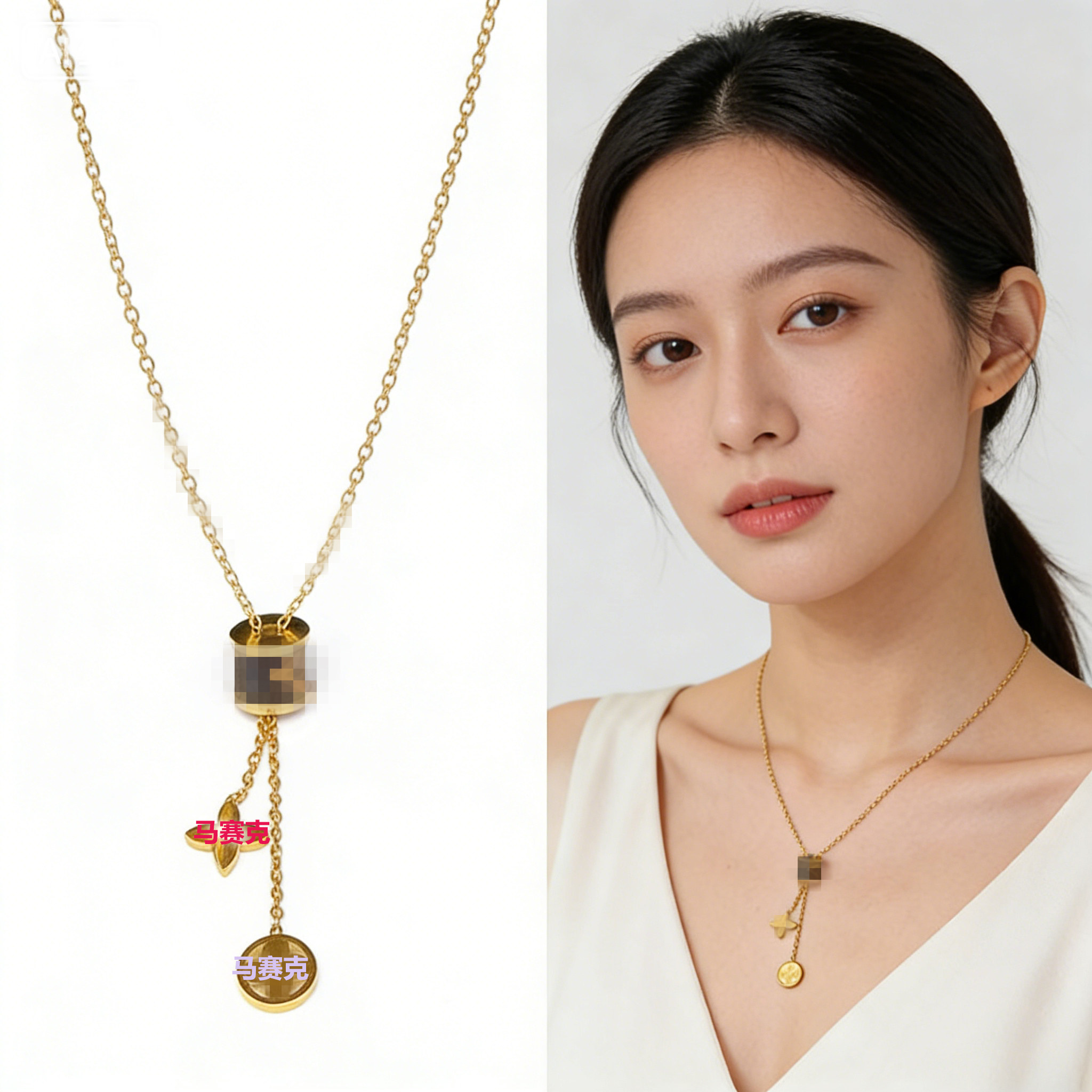 皮革钛钢真空电镀金色女士锁骨链