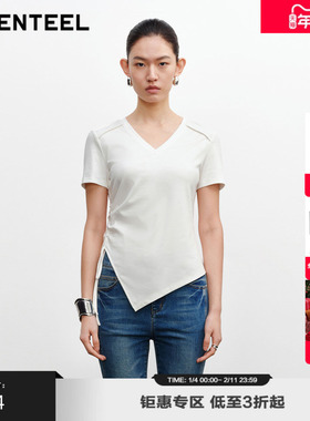H·GENTEEL荷高新款秋装女侧开叉加抽绳V领短袖T恤GUE32620622