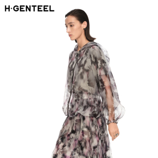 H·GENTEEL荷高新款 外套 夏装 女晕染欧根纱印花拉链连帽开衫