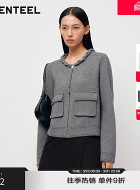 H·GENTEEL荷高25新款春装女领口毛织休闲大口袋外套舒适针织衫